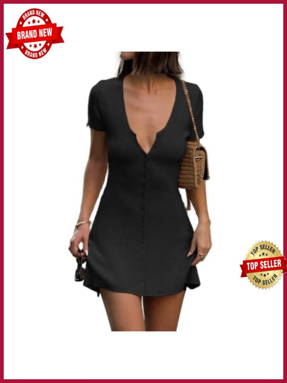 Women's V Neck Button Down Knit Mini Dress Cap Sleeve Bodycon Club Party